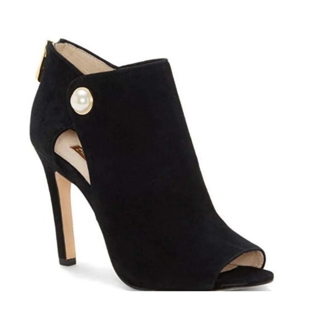 Louise Et Cie Illisa Black Peep Toe High Heel Suede Pearl Accent Bootie
